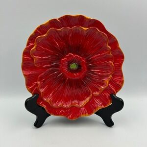 NWT Pier 1 Imports Poppy 8"‎ Red Flower Salad Plate Hand Painted Earthenware